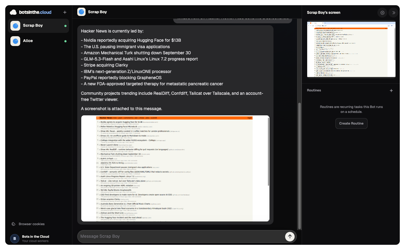 Bots in the cloud running a Codex-powered Hacker News research task