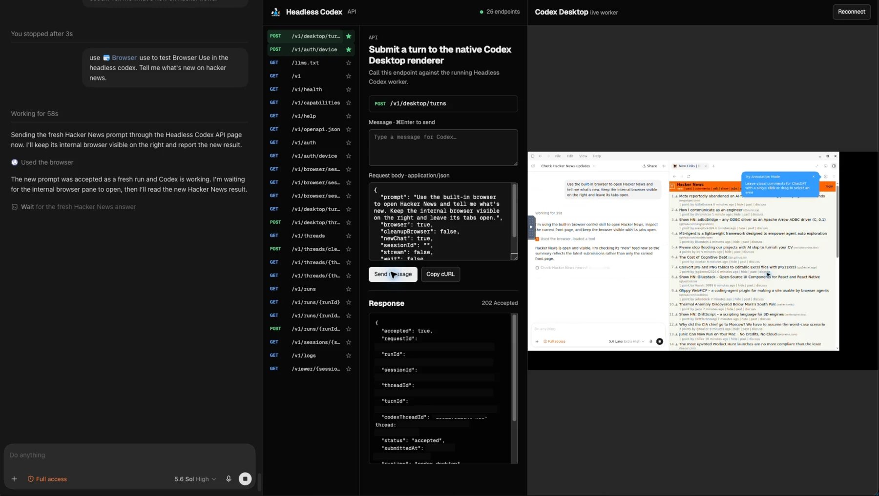 Headless Codex API driving Codex Desktop's built-in browser to inspect Hacker News