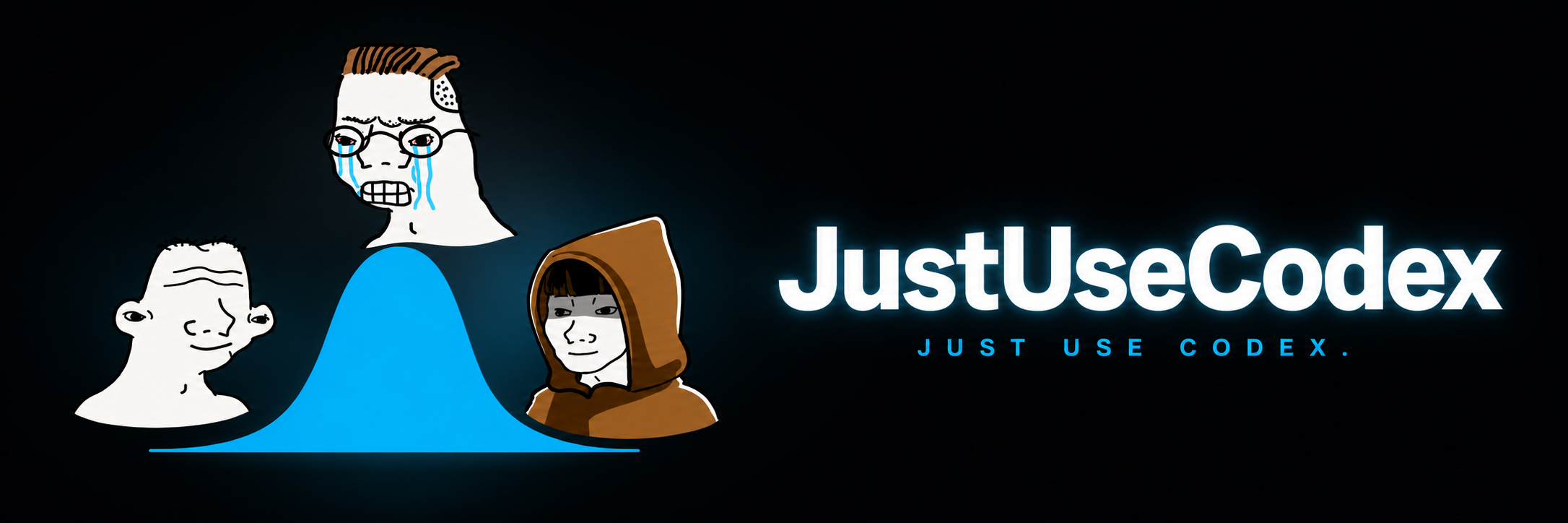 JustUseCodex banner with three bell-curve meme characters